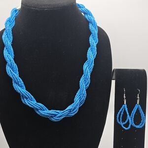 Bright Blue Beaded Necklace and Earring Set